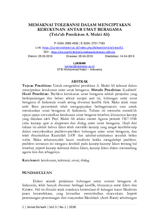 Lukman - 2020 - Memaknai Toleransi Dalam Menciptakan Kerukunan Antar Umat Beragama (Tela’ah Pemikiran Kerukunan Umat Beragama A. Mukti A.pdf Lukman - 2020 - Memaknai Toleransi Dalam Menciptakan Kerukunan Antar Umat Beragama (Tela’ah Pemikiran Kerukunan Umat Beragama A. Mukti A.pdf